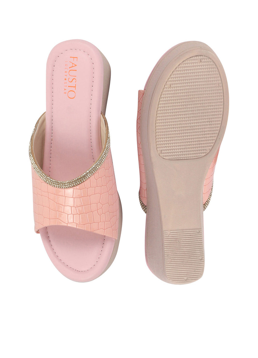 Shop FAUSTO Women Pink Embellished Open Toe Textured Wedge Heel Sandal With Cushioned Footbed|Platform Sandal For Party|Festive|Wedding Online.