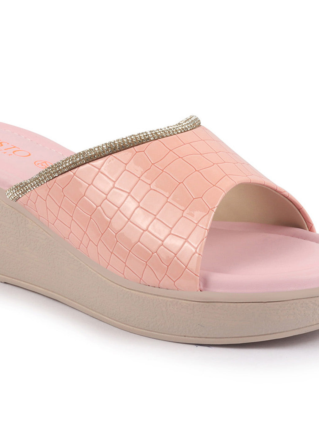 Shop FAUSTO Women Pink Embellished Open Toe Textured Wedge Heel Sandal With Cushioned Footbed|Platform Sandal For Party|Festive|Wedding Online.