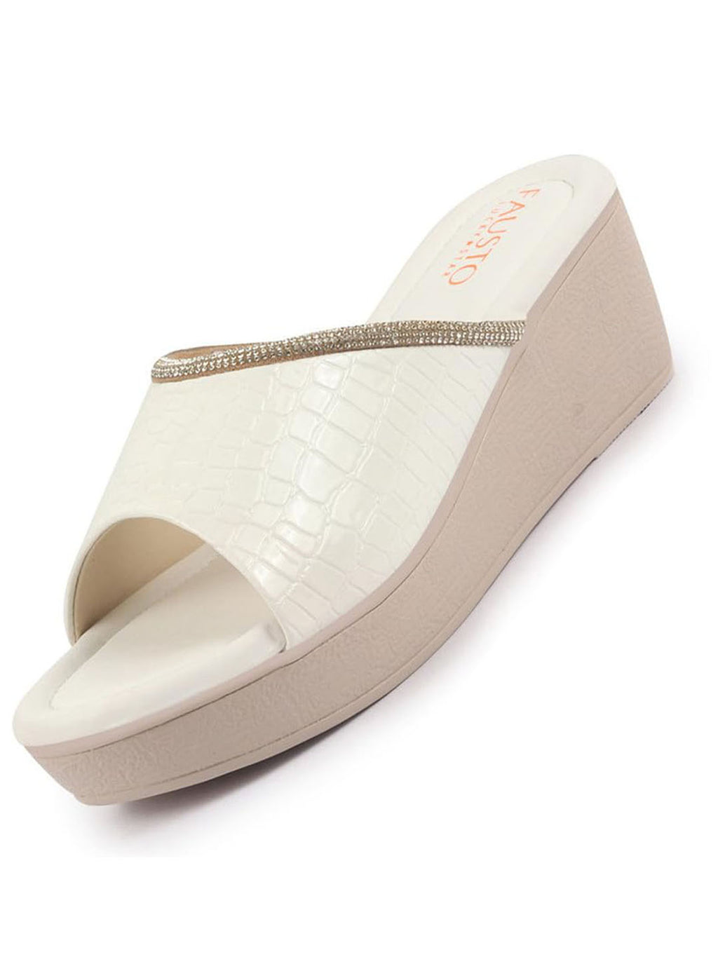 FAUSTO Women White Embellished Open Toe Textured Wedge Heel Sandal With Cushioned Footbed|Platform Sandal For Party|Festive|Wedding