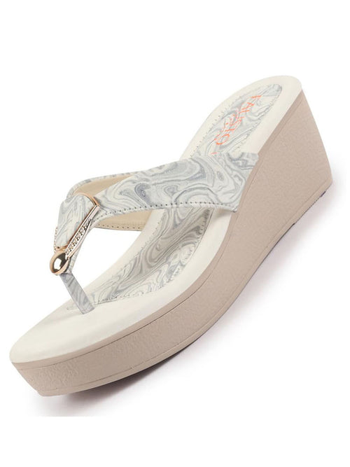 fausto women grey abstract print glossy buckle t strap wedge sandal with cushioned footbed|broad feet sandal for party|festive|wedding