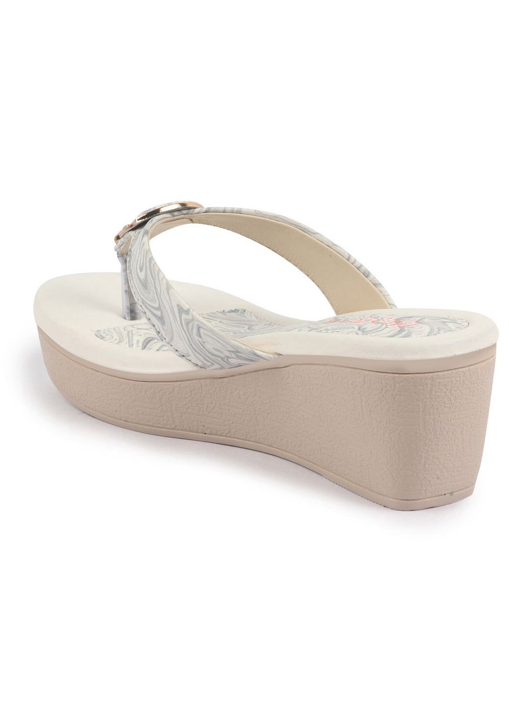 Shop FAUSTO Women Grey Abstract Print Glossy Buckle T Strap Wedge Sandal With Cushioned Footbed|Broad Feet Sandal For Party|Festive|Wedding Online.