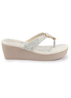 Shop FAUSTO Women Grey Abstract Print Glossy Buckle T Strap Wedge Sandal With Cushioned Footbed|Broad Feet Sandal For Party|Festive|Wedding Online.