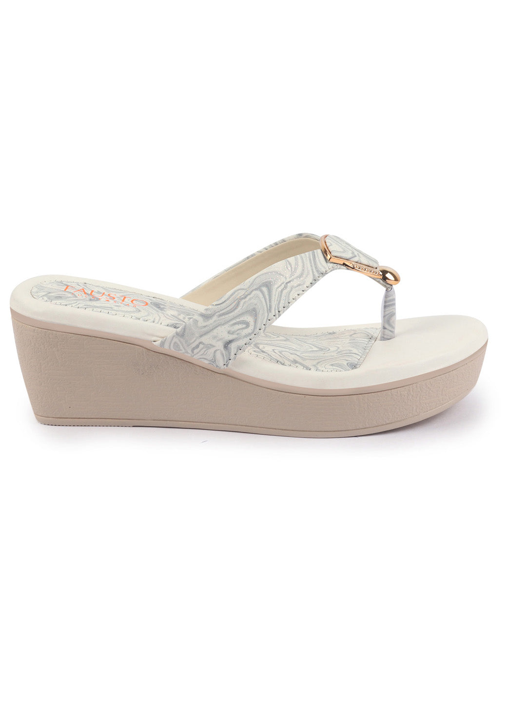 Shop FAUSTO Women Grey Abstract Print Glossy Buckle T Strap Wedge Sandal With Cushioned Footbed|Broad Feet Sandal For Party|Festive|Wedding Online.