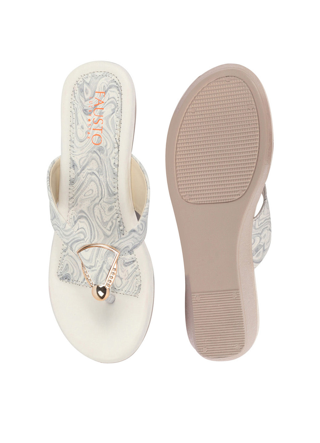 Shop FAUSTO Women Grey Abstract Print Glossy Buckle T Strap Wedge Sandal With Cushioned Footbed|Broad Feet Sandal For Party|Festive|Wedding Online.