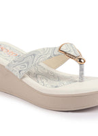 Shop FAUSTO Women Grey Abstract Print Glossy Buckle T Strap Wedge Sandal With Cushioned Footbed|Broad Feet Sandal For Party|Festive|Wedding Online.