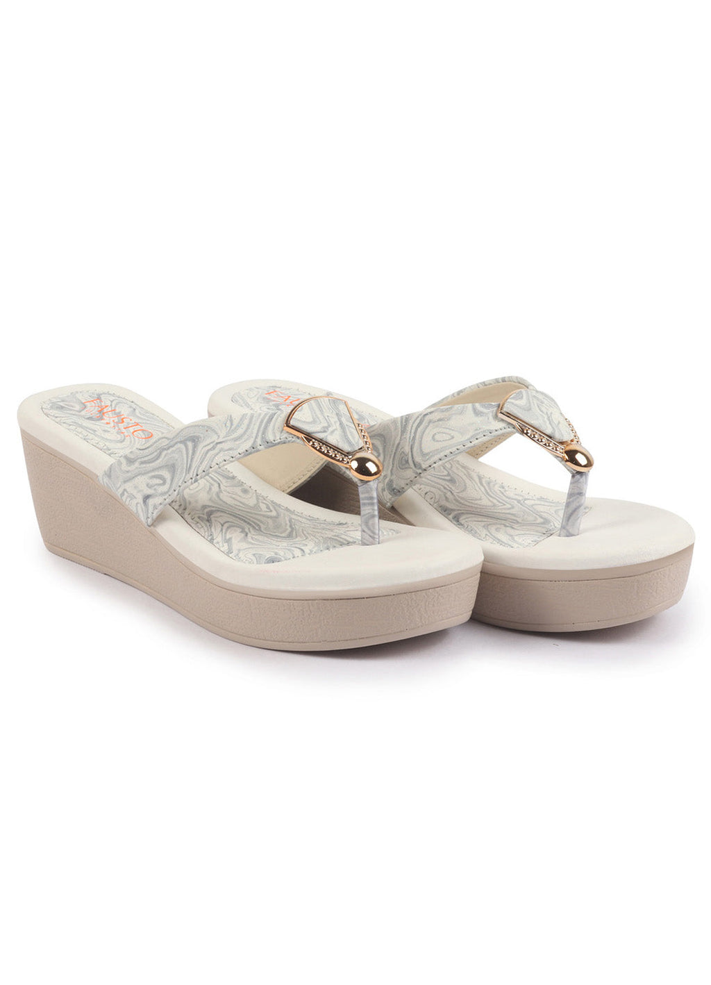 Shop FAUSTO Women Grey Abstract Print Glossy Buckle T Strap Wedge Sandal With Cushioned Footbed|Broad Feet Sandal For Party|Festive|Wedding Online.