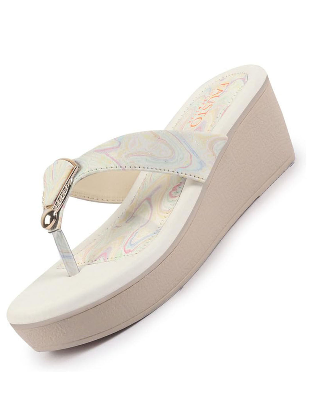 fausto women multi abstract print glossy buckle t strap wedge sandal with cushioned footbed|broad feet sandal for party|festive|wedding