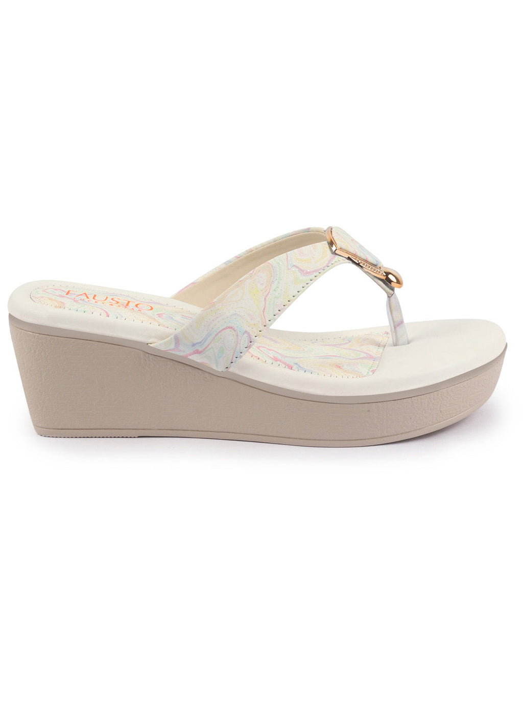 Shop FAUSTO Women Multi Abstract Print Glossy Buckle T Strap Wedge Sandal With Cushioned Footbed|Broad Feet Sandal For Party|Festive|Wedding Online.