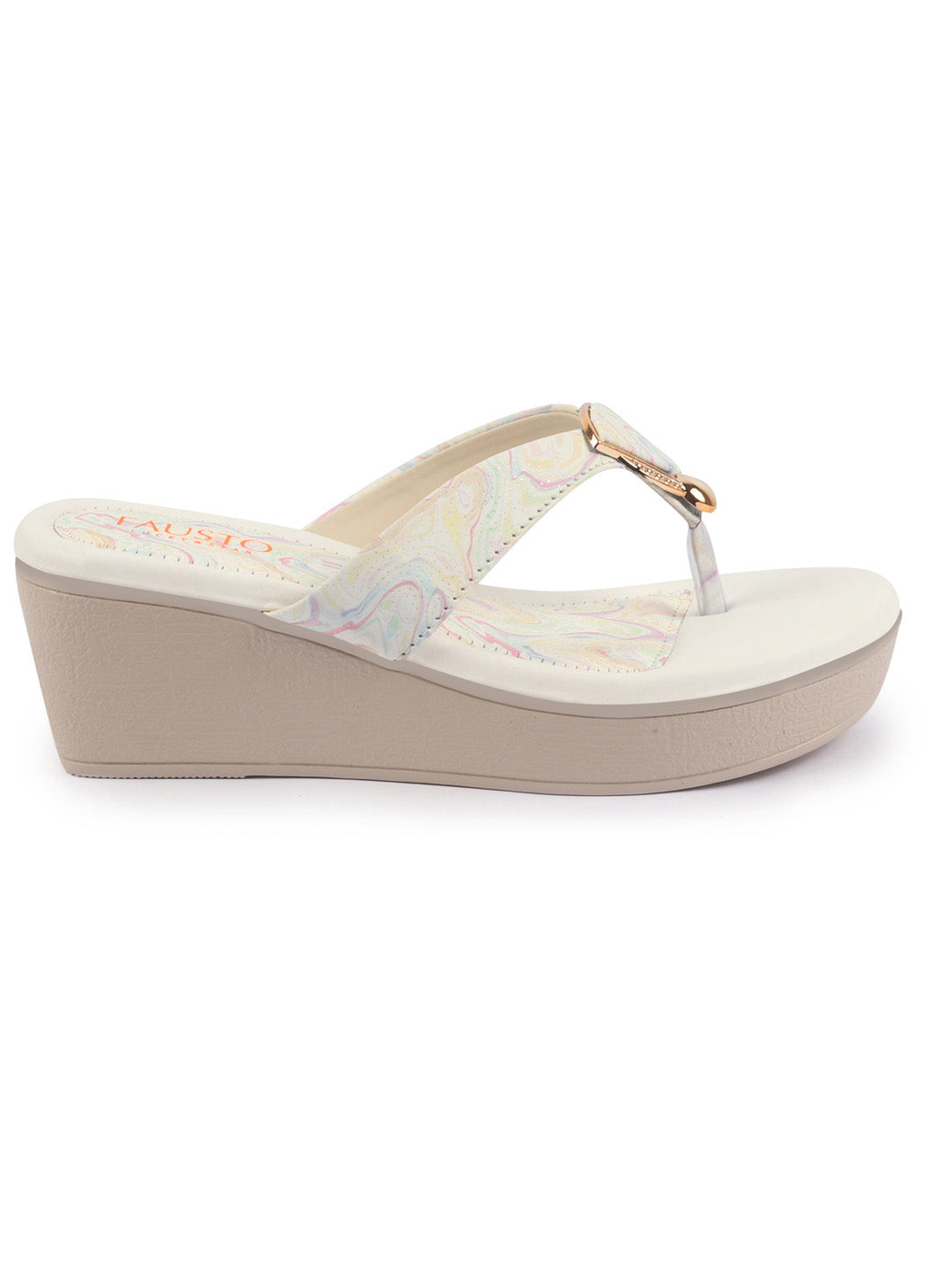 Shop FAUSTO Women Multi Abstract Print Glossy Buckle T Strap Wedge Sandal With Cushioned Footbed|Broad Feet Sandal For Party|Festive|Wedding Online.