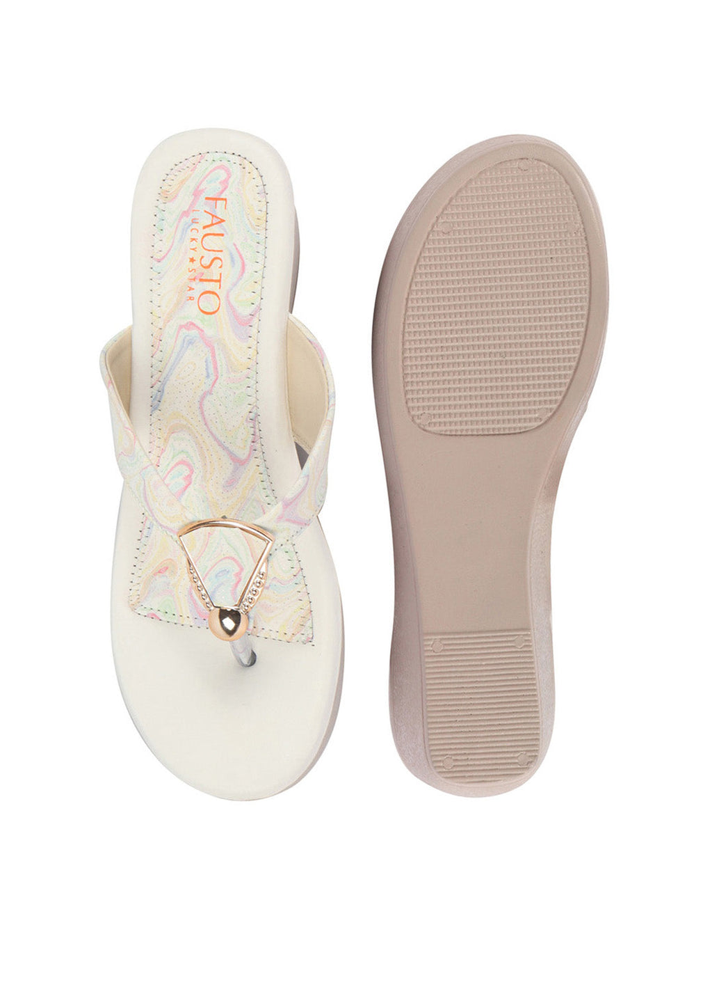 Shop FAUSTO Women Multi Abstract Print Glossy Buckle T Strap Wedge Sandal With Cushioned Footbed|Broad Feet Sandal For Party|Festive|Wedding Online.