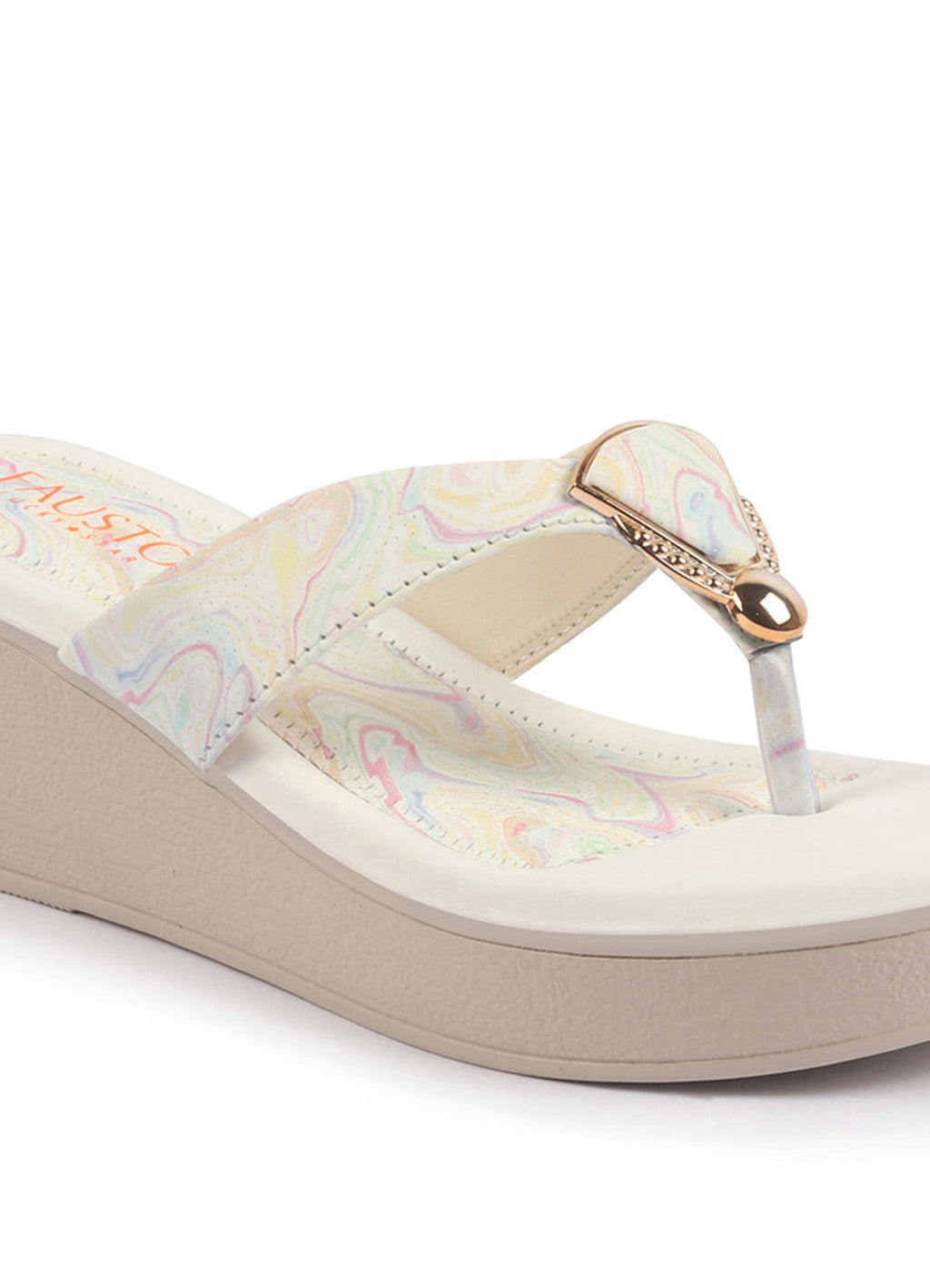 Shop FAUSTO Women Multi Abstract Print Glossy Buckle T Strap Wedge Sandal With Cushioned Footbed|Broad Feet Sandal For Party|Festive|Wedding Online.