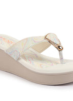 Shop FAUSTO Women Multi Abstract Print Glossy Buckle T Strap Wedge Sandal With Cushioned Footbed|Broad Feet Sandal For Party|Festive|Wedding Online.
