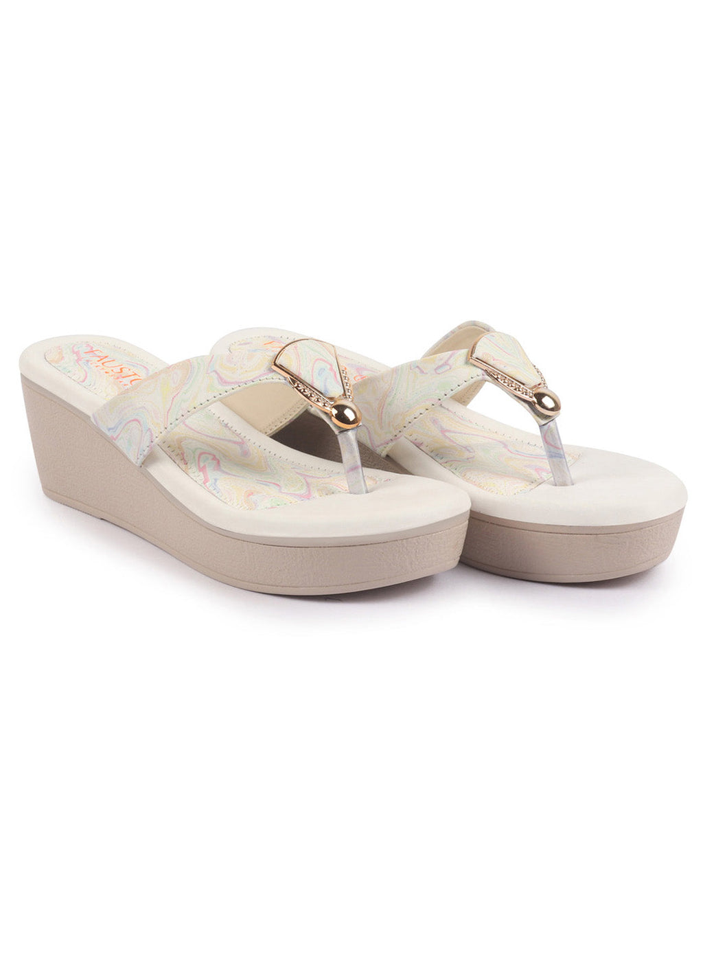 Shop FAUSTO Women Multi Abstract Print Glossy Buckle T Strap Wedge Sandal With Cushioned Footbed|Broad Feet Sandal For Party|Festive|Wedding Online.