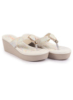 Shop FAUSTO Women Multi Abstract Print Glossy Buckle T Strap Wedge Sandal With Cushioned Footbed|Broad Feet Sandal For Party|Festive|Wedding Online.