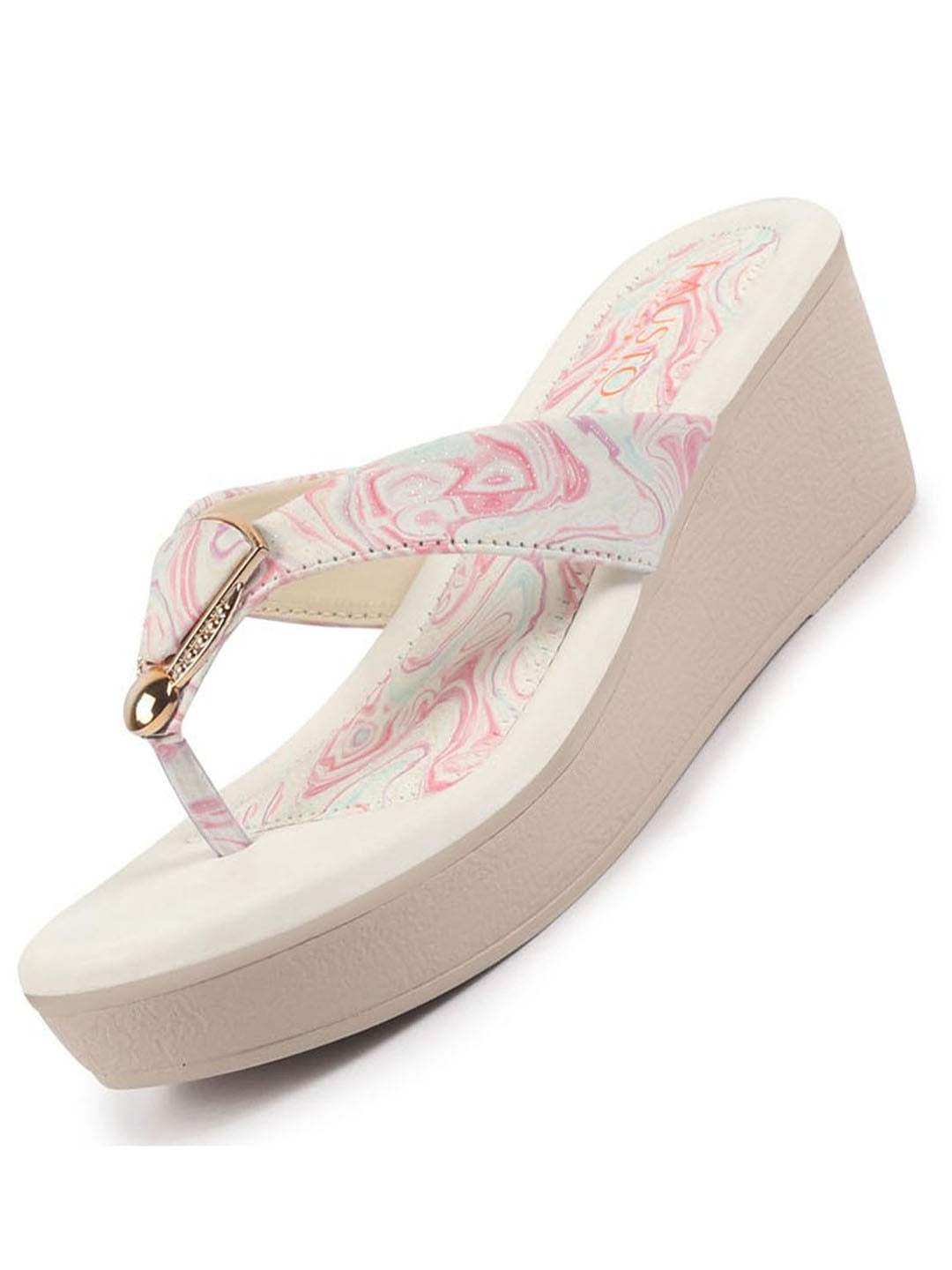 fausto women pink abstract print glossy buckle t strap wedge sandal with cushioned footbed|broad feet sandal for party|festive|wedding