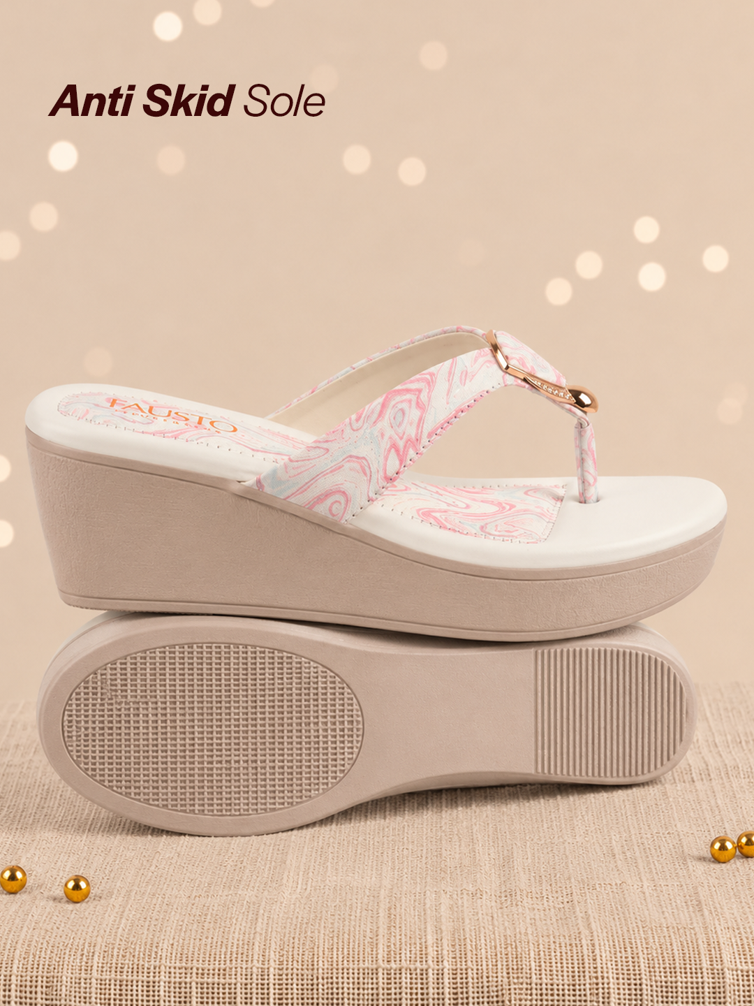 fausto women pink abstract print glossy buckle t strap wedge sandal with cushioned footbed|broad feet sandal for party|festive|wedding
