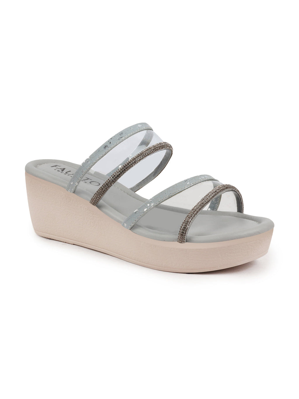 Shop Women Grey Embellished Double Strap Slip On Wedge Sandal For Wedding|Party Online.