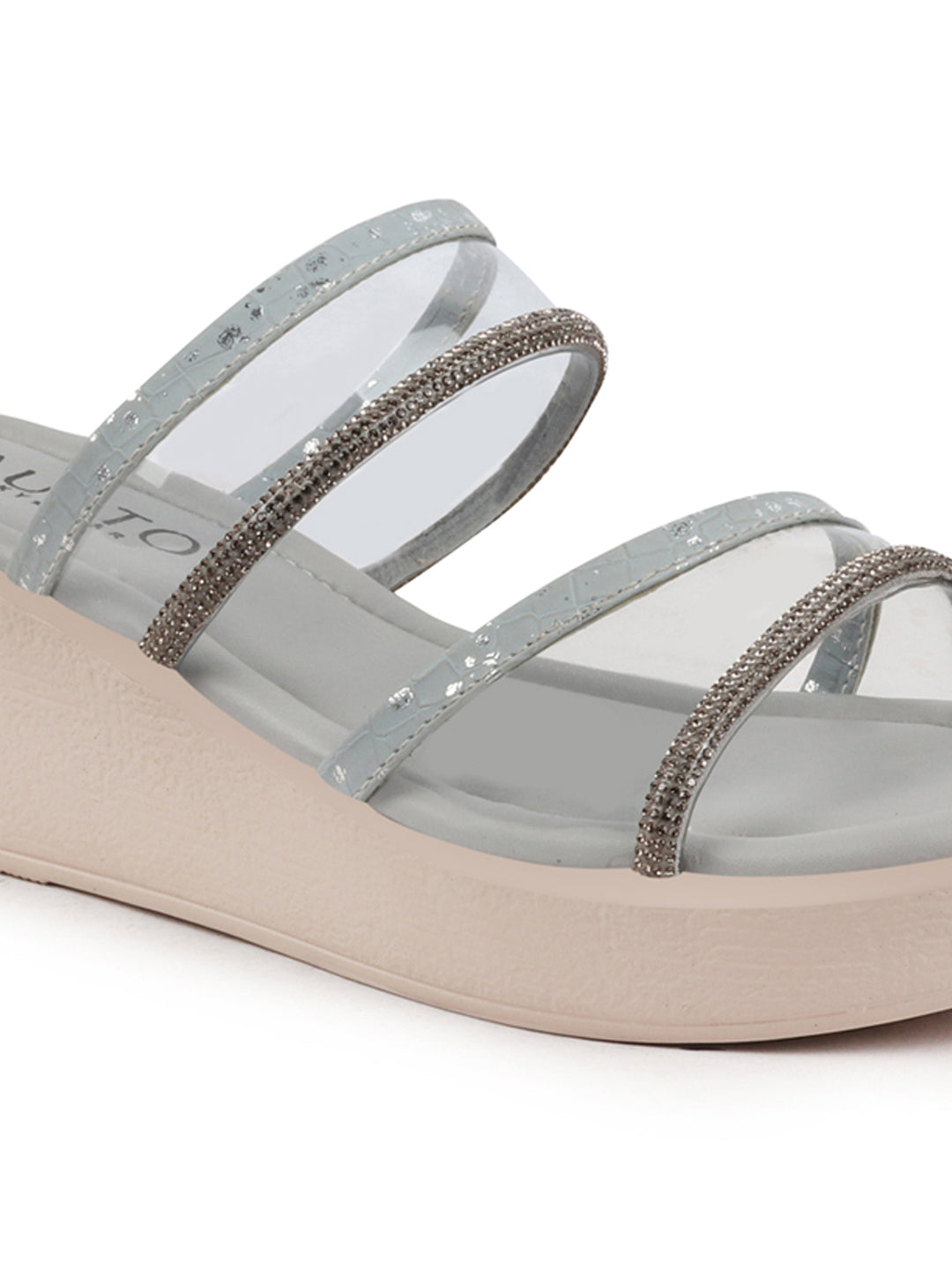Shop Women Grey Embellished Double Strap Slip On Wedge Sandal For Wedding|Party Online.