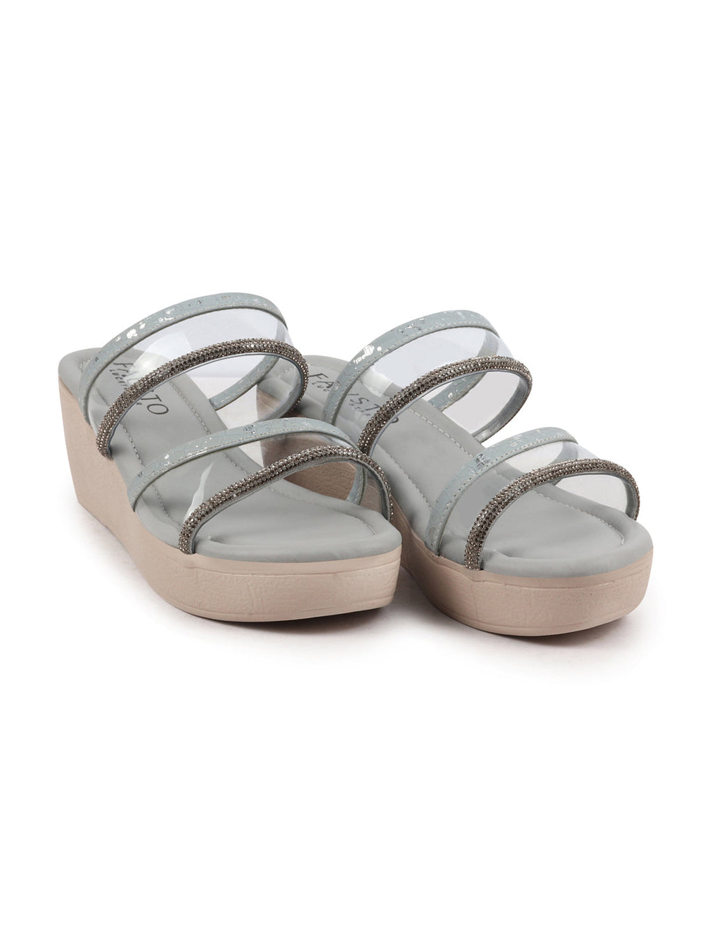 Shop Women Grey Embellished Double Strap Slip On Wedge Sandal For Wedding|Party Online.