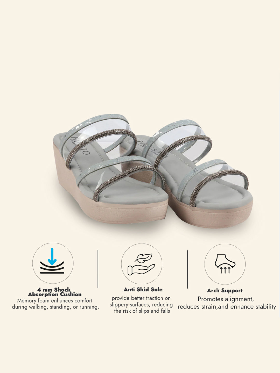 Shop Women Grey Embellished Double Strap Slip On Wedge Sandal For Wedding|Party Online.