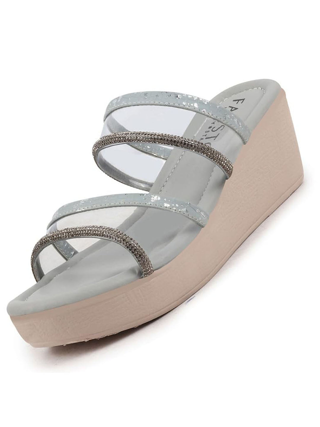 Shop Women Grey Embellished Double Strap Slip On Wedge Sandal For Wedding|Party Online.