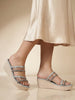 Women Grey Embellished Double Strap Slip On Wedge Sandal For Wedding|Party