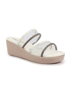 Shop Women White Embellished Double Strap Slip On Wedge Sandal For Wedding|Party Online.