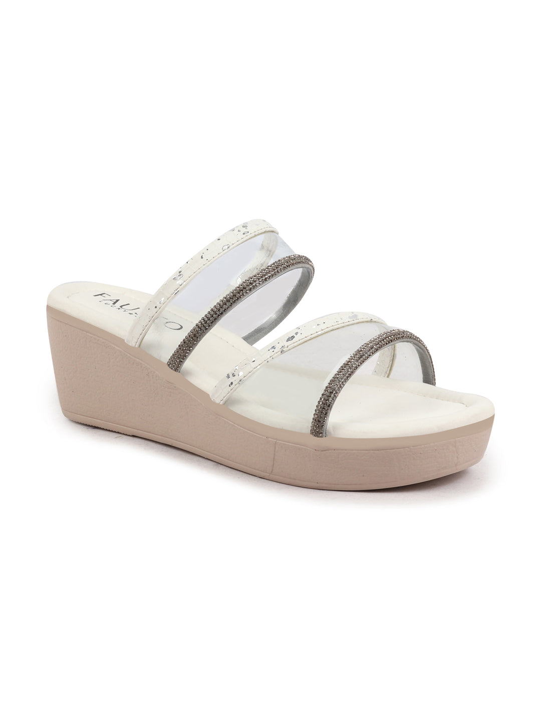 Shop Women White Embellished Double Strap Slip On Wedge Sandal For Wedding|Party Online.