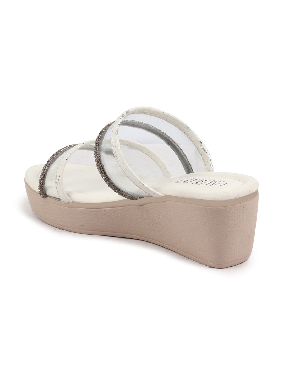 Shop Women White Embellished Double Strap Slip On Wedge Sandal For Wedding|Party Online.