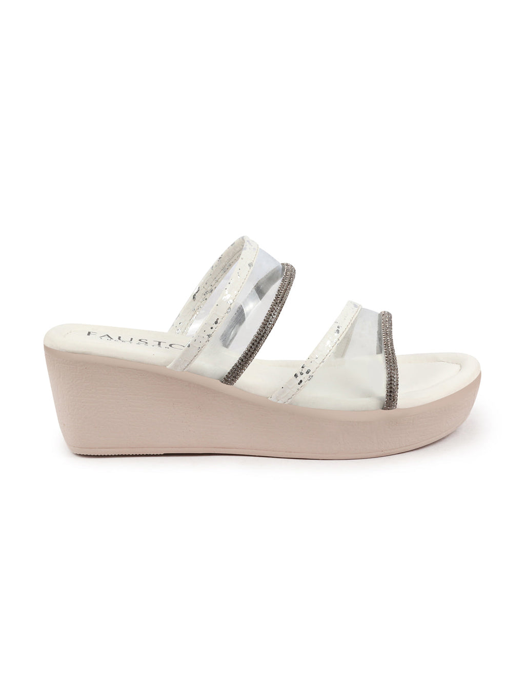 Shop Women White Embellished Double Strap Slip On Wedge Sandal For Wedding|Party Online.