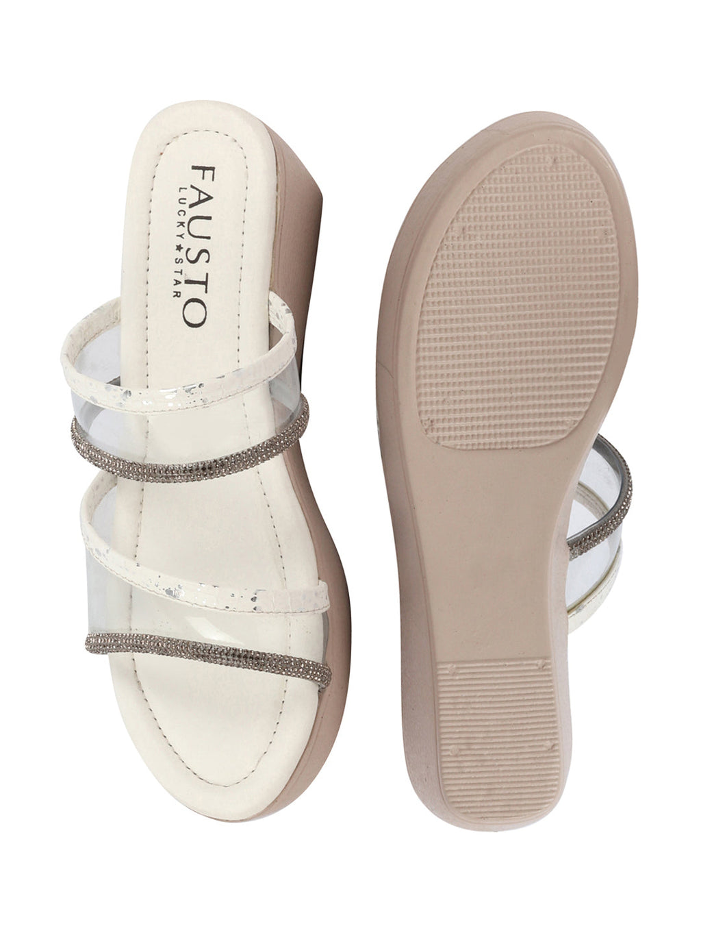 Shop Women White Embellished Double Strap Slip On Wedge Sandal For Wedding|Party Online.