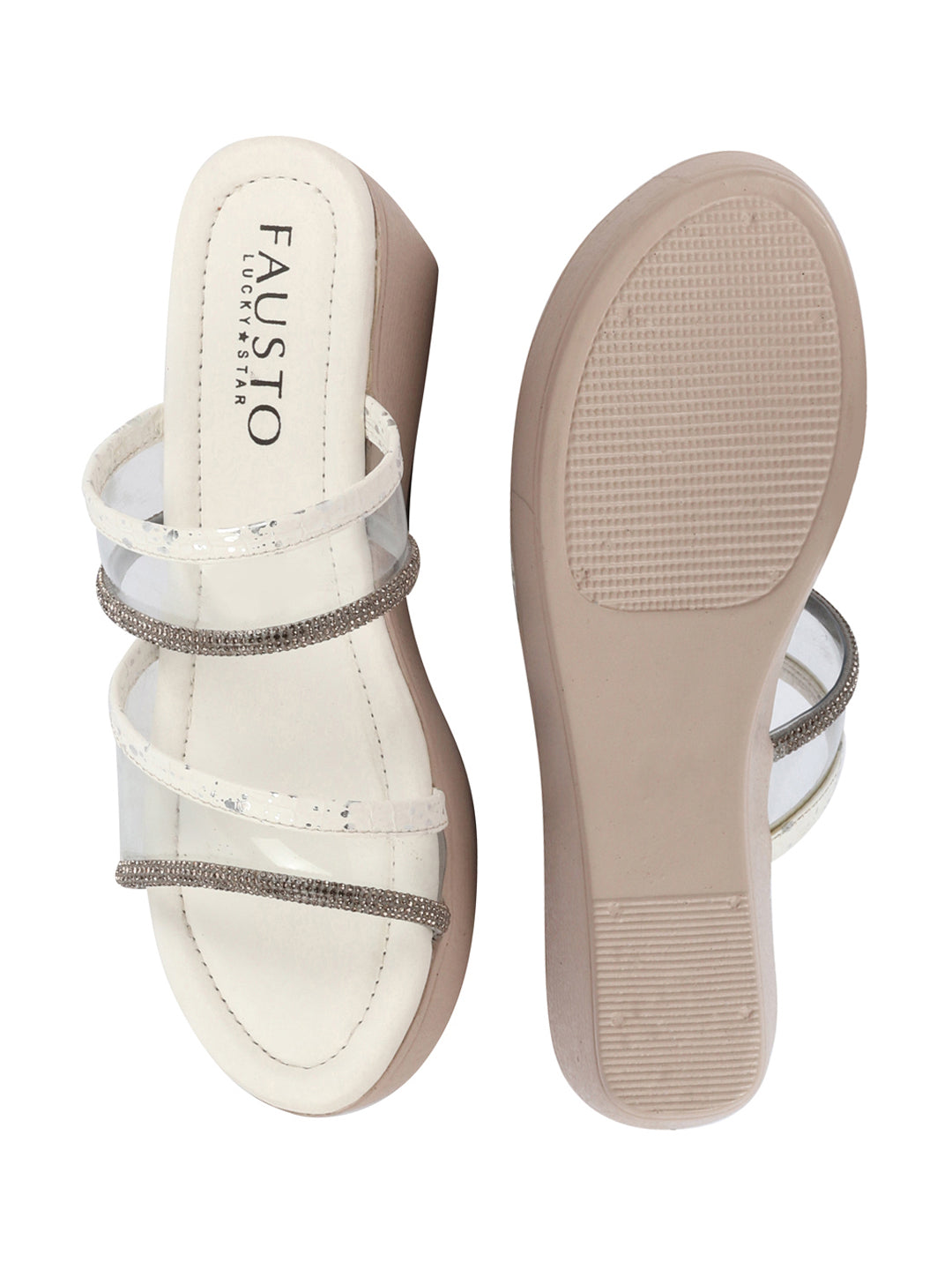 Shop Women White Embellished Double Strap Slip On Wedge Sandal For Wedding|Party Online.