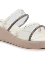 Shop Women White Embellished Double Strap Slip On Wedge Sandal For Wedding|Party Online.
