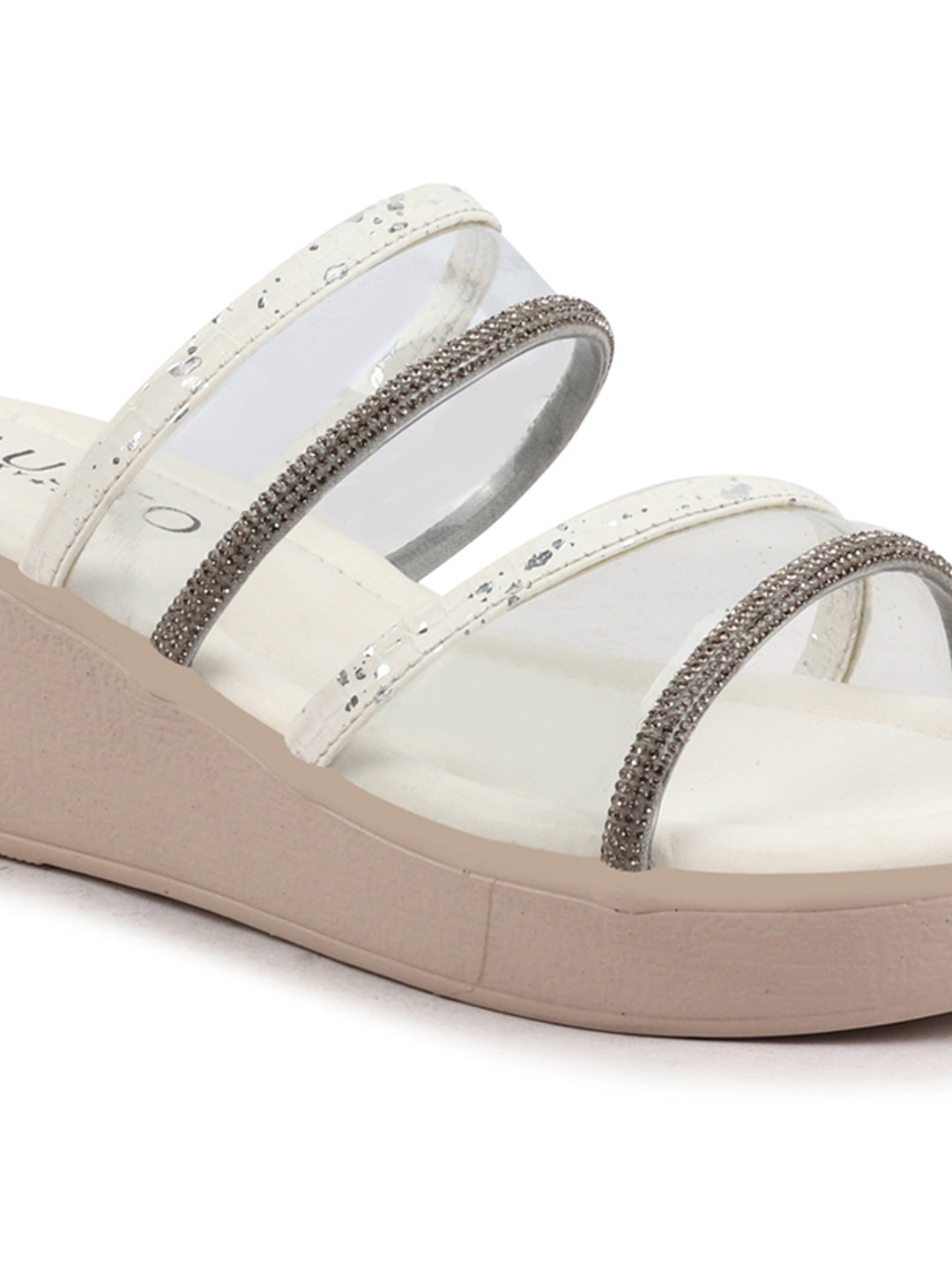 Shop Women White Embellished Double Strap Slip On Wedge Sandal For Wedding|Party Online.