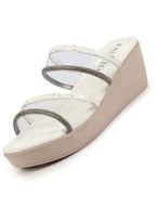 Women White Embellished Double Strap Slip On Wedge Sandal For Wedding|Party