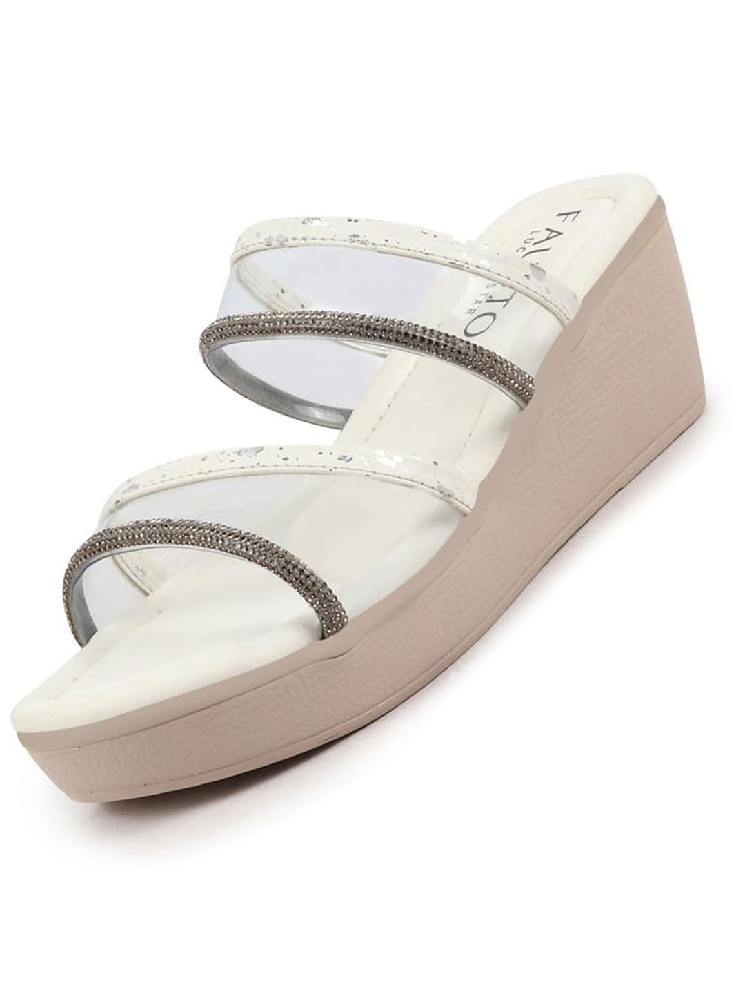 Women White Embellished Double Strap Slip On Wedge Sandal For Wedding|Party