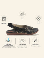 fausto women black shiny textured elastic back strap peep toe flat sandal with cushioned footbed|party|dress|ethnic