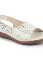 Shop FAUSTO Women White Shiny Textured Elastic Back Strap Peep Toe Flat Sandal With Cushioned Footbed|Party|Dress|Ethnic Online.