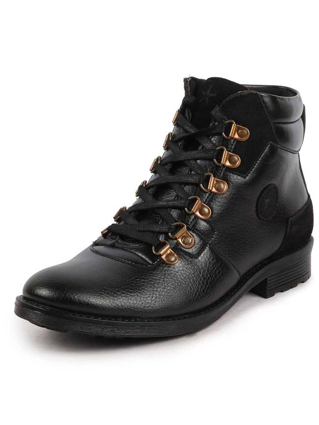 men black genuine leather 6-eye metallic lace up hook classic high ankle boot for trekking