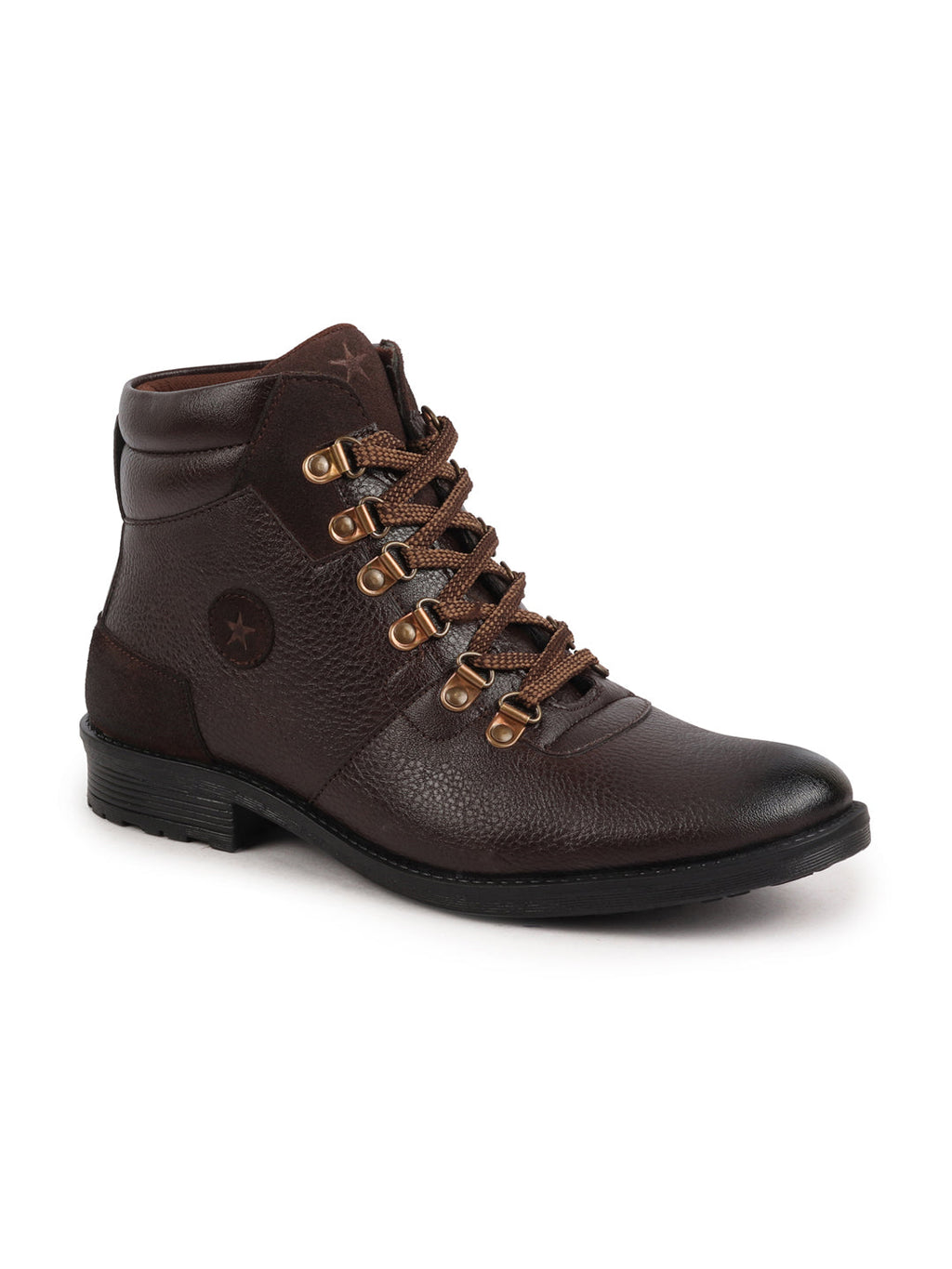 Shop Men Brown Genuine Leather 6-Eye Metallic Lace Up Hook Classic High Ankle Boot For Trekking