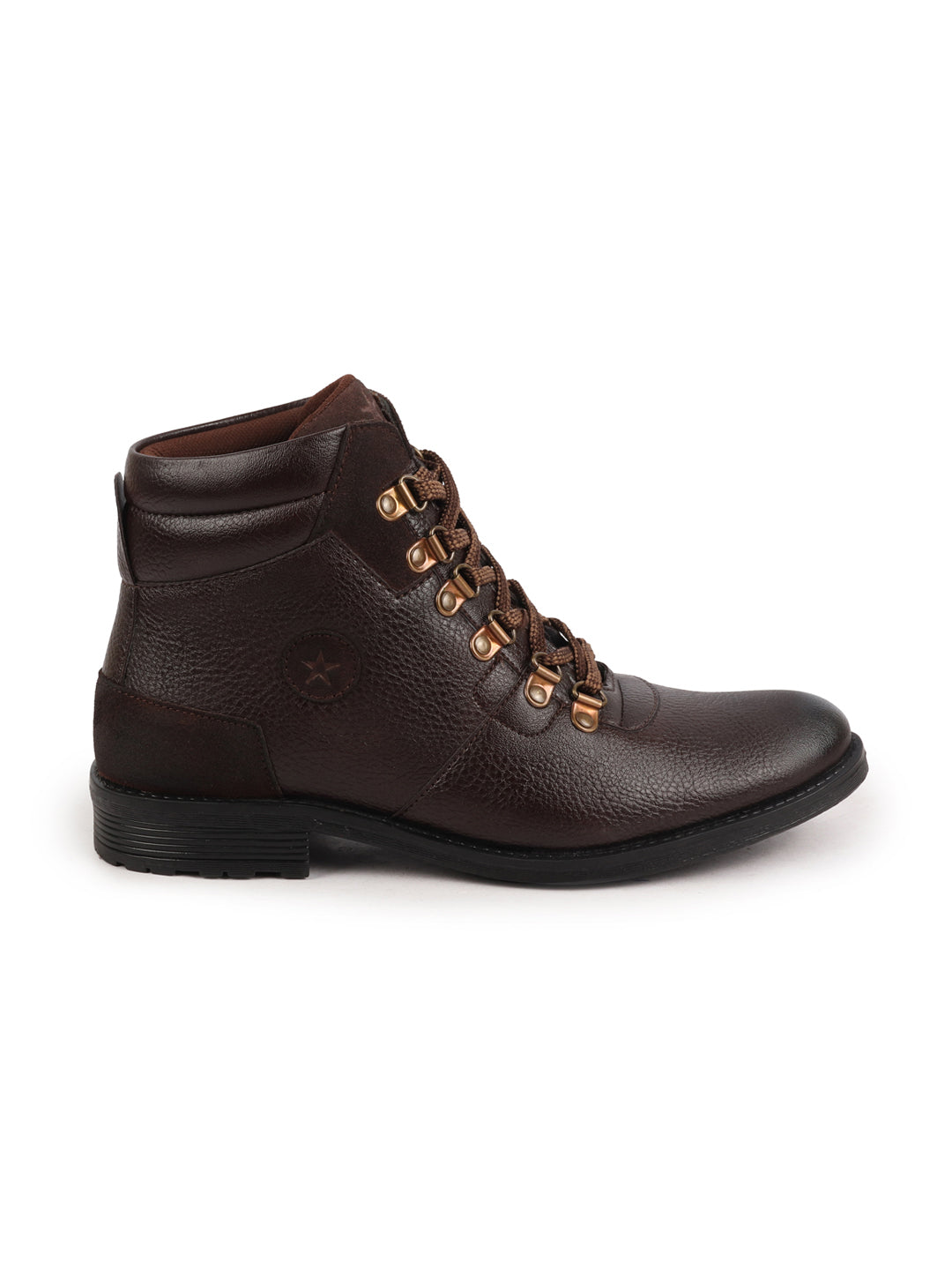 Shop Men Brown Genuine Leather 6-Eye Metallic Lace Up Hook Classic High Ankle Boot For Trekking