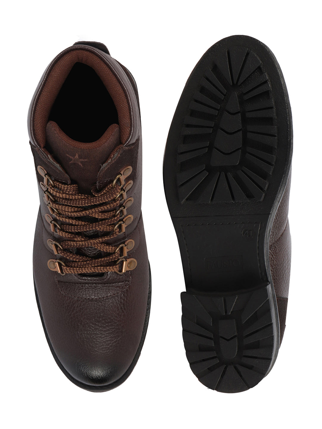 Shop Men Brown Genuine Leather 6-Eye Metallic Lace Up Hook Classic High Ankle Boot For Trekking