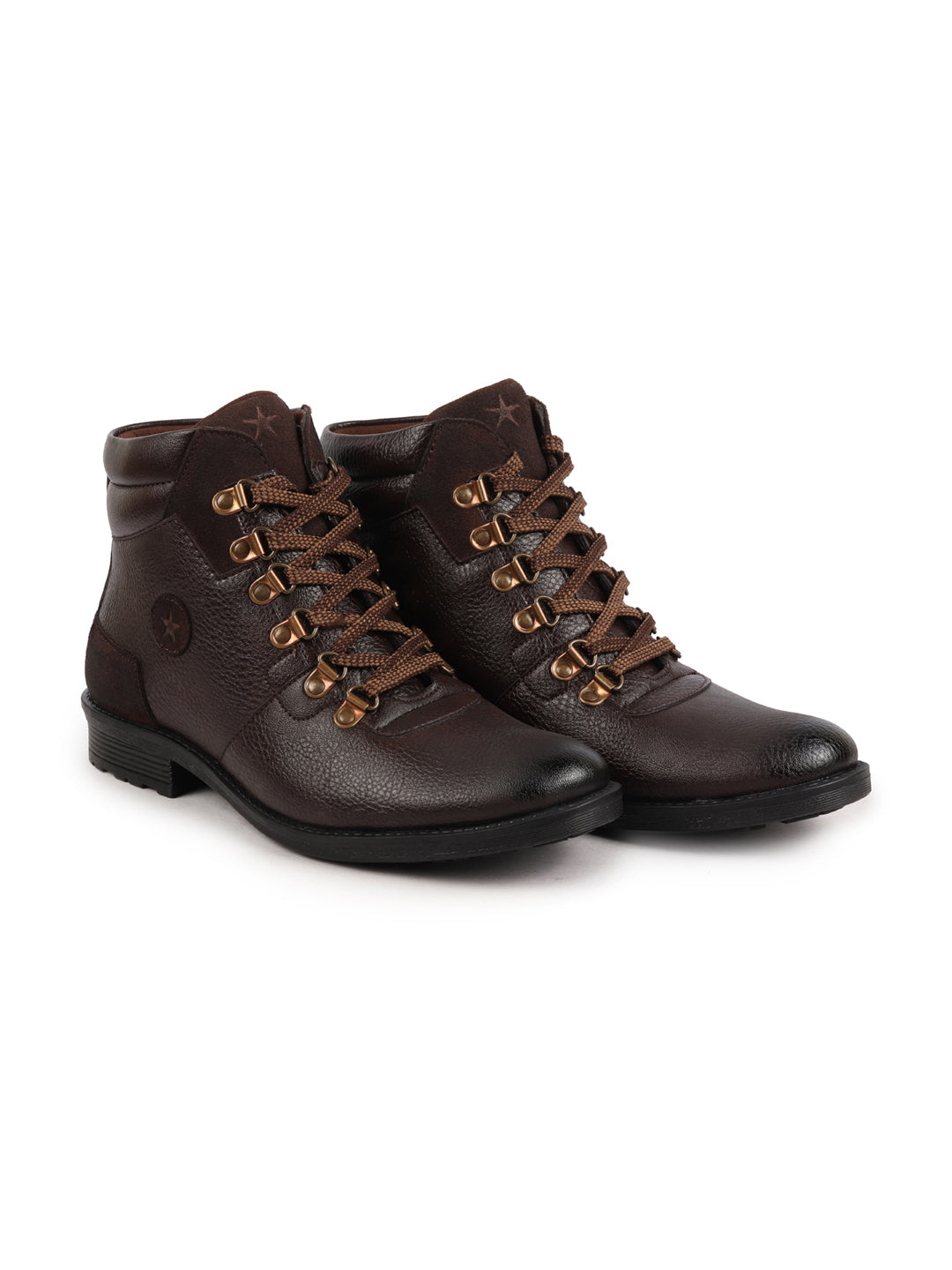 Shop Men Brown Genuine Leather 6-Eye Metallic Lace Up Hook Classic High Ankle Boot For Trekking