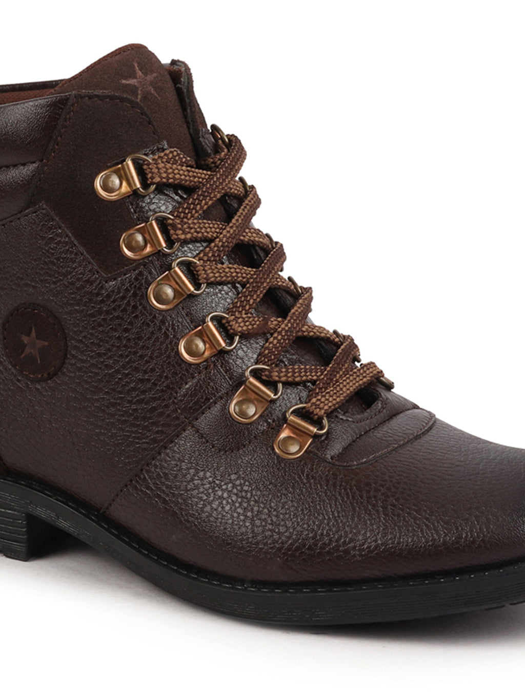 Shop Men Brown Genuine Leather 6-Eye Metallic Lace Up Hook Classic High Ankle Boot For Trekking