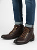 Men Brown Genuine Leather 6-Eye Metallic Lace Up Hook Classic High Ankle Boot For Trekking|Biking|Hiking