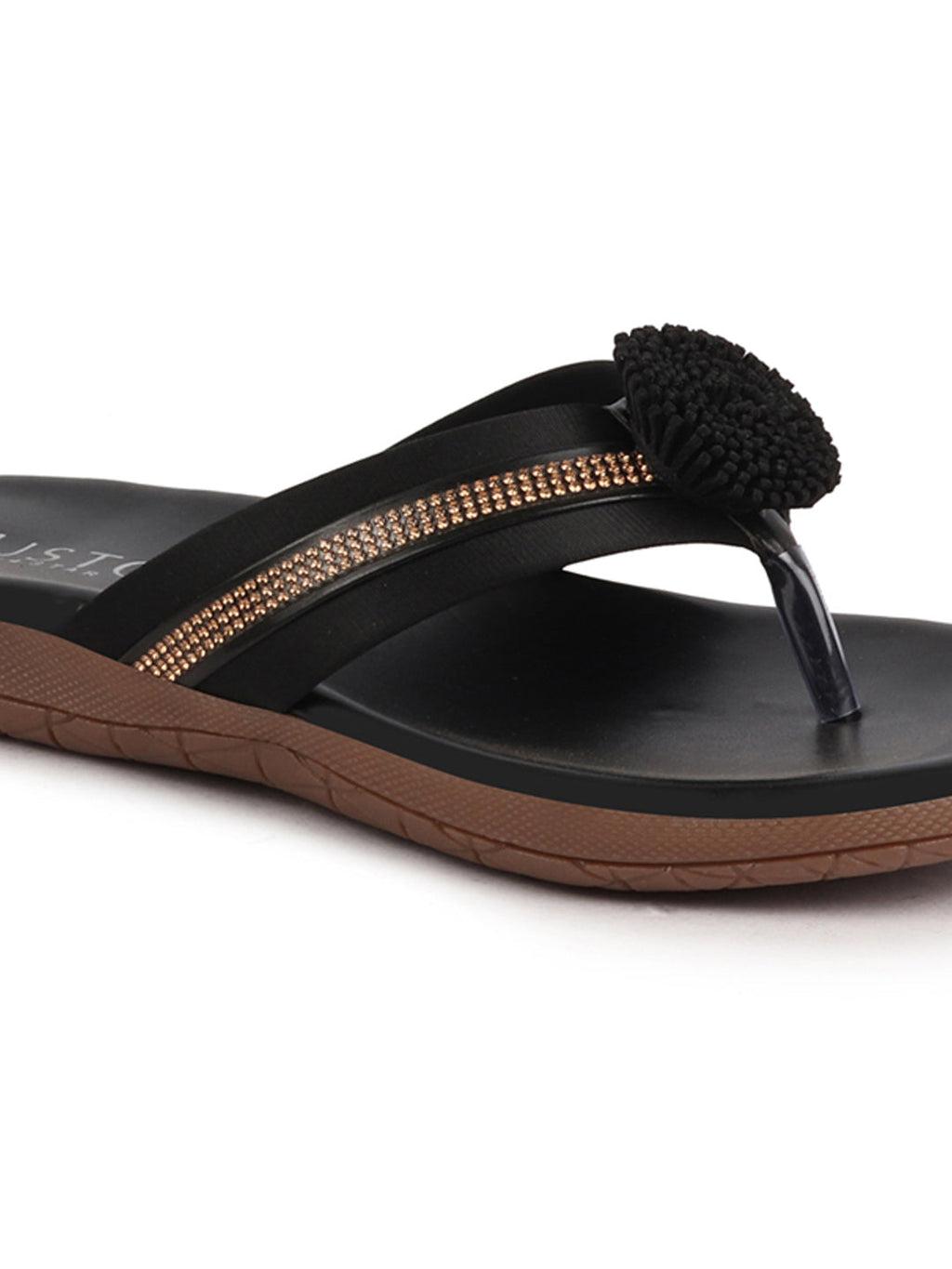 Shop Women Black Shiny Beads T-Strap Slipper With Cushioned Footbed|Party|Office Wear|Weekend Online.