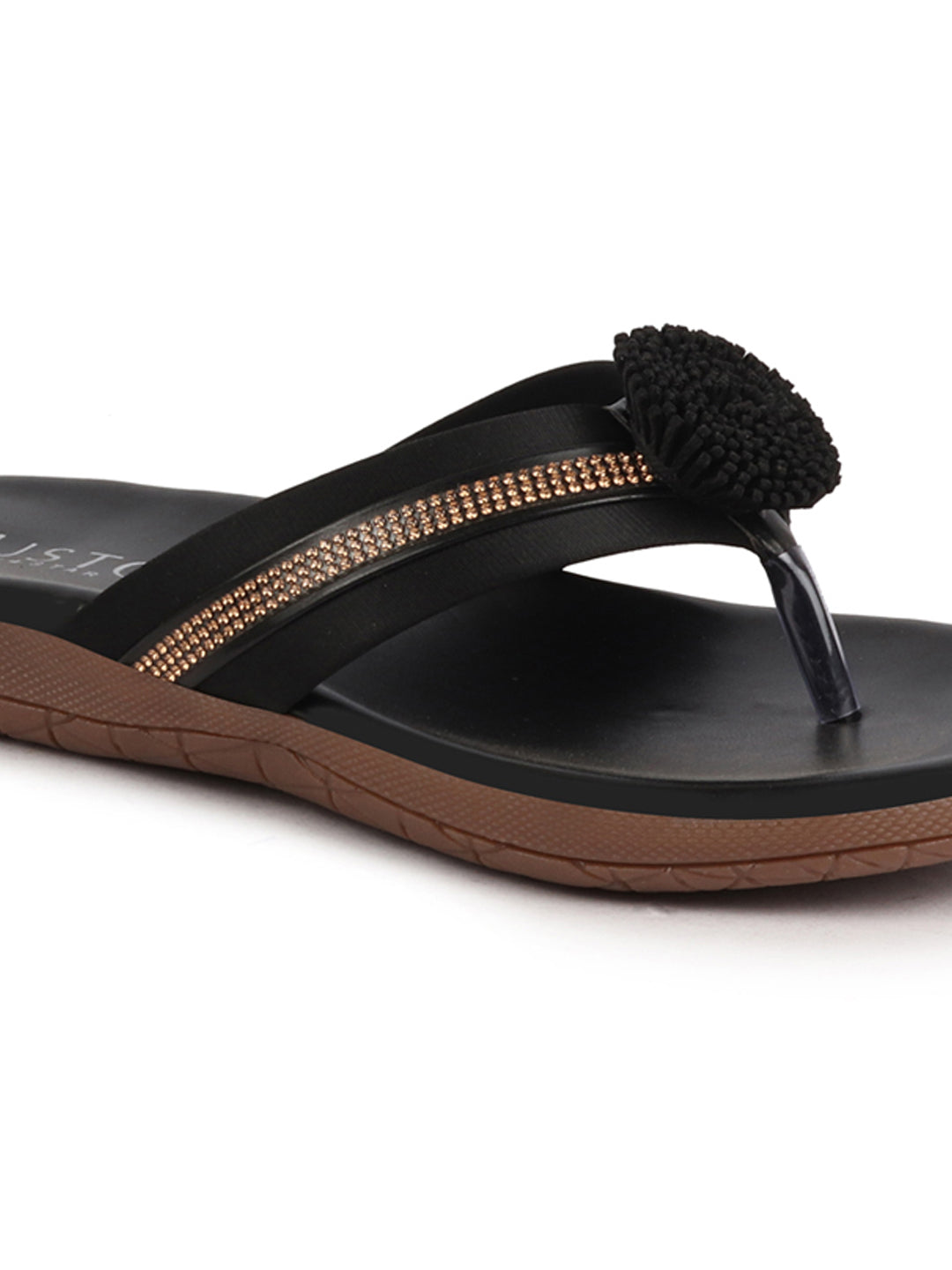 Shop Women Black Shiny Beads T-Strap Slipper With Cushioned Footbed|Party|Office Wear|Weekend Online.