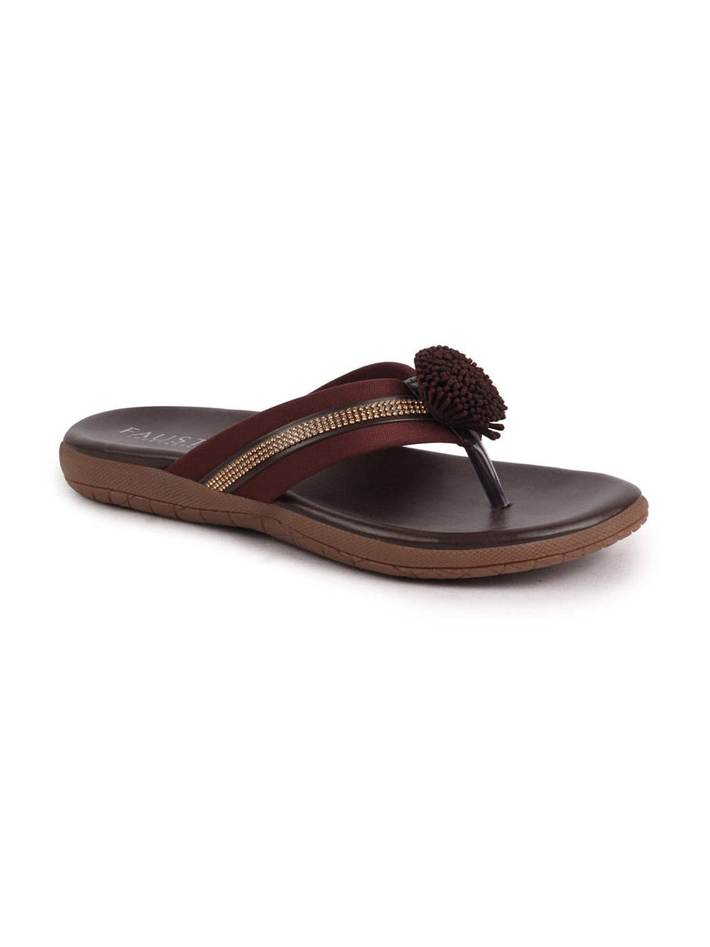 Shop Women Brown Shiny Beads T-Strap Slipper With Cushioned Footbed|Party|Office Wear|Weekend Online.