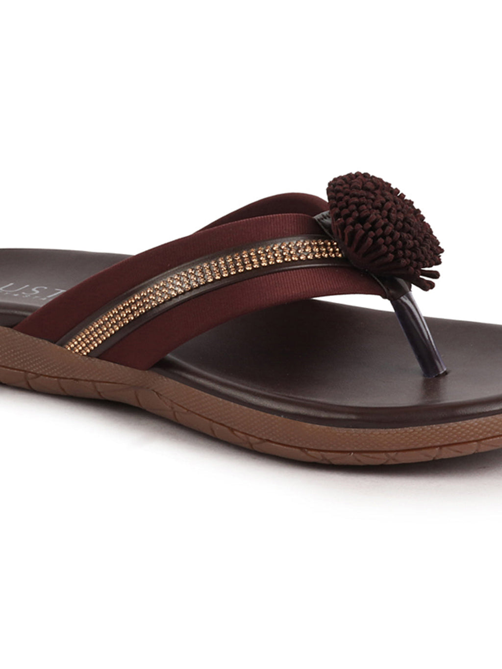 Shop Women Brown Shiny Beads T-Strap Slipper With Cushioned Footbed|Party|Office Wear|Weekend Online.
