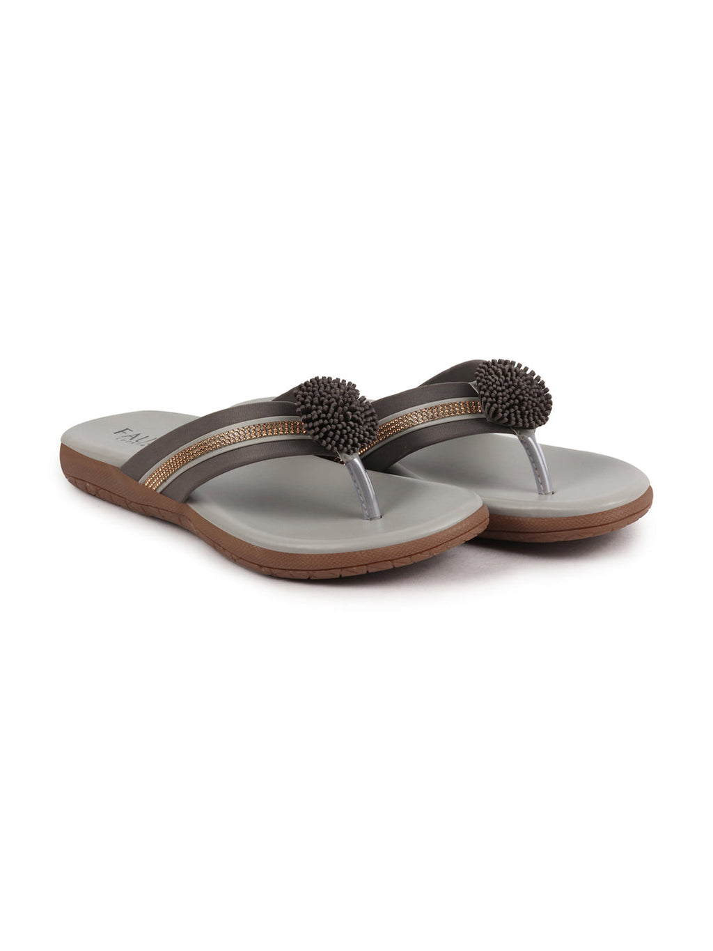 Shop Women Grey Shiny Beads T-Strap Slipper With Cushioned Footbed|Party|Office Wear|Weekend Online.
